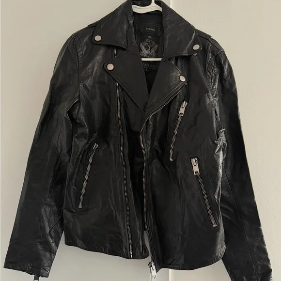 Diesel Black Leather Jacket with Silver Accents - Picture 1 of 6